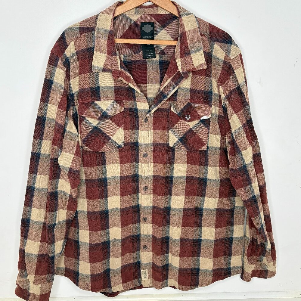 Harley Davidson Maroon Plaid 100% Cotton Shirt Size 2 XL